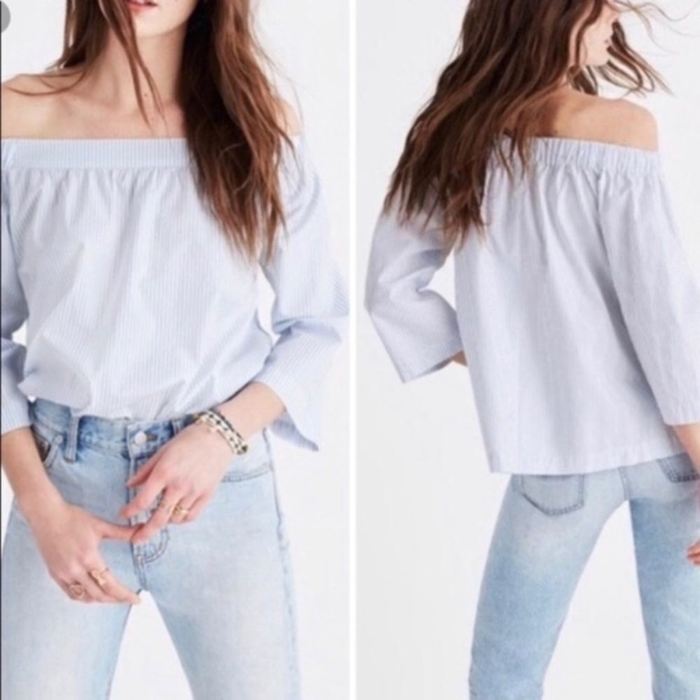 Madewell blue and white‎ off the shoulder shirt Xs